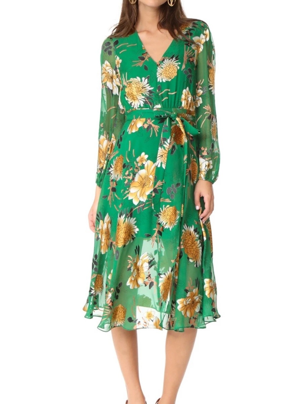Alice + Olivia Coco Silk Blend Green Floral Long Sleeve V-Neck Midi Dress